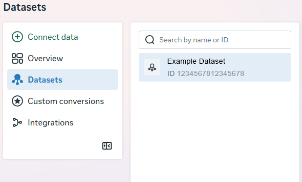 Die Seite Datasets im Events Manager von Meta, englisch: links das Menü mit Datasets, rechts ein Datensatz Example Dataset mit seiner ID darunter