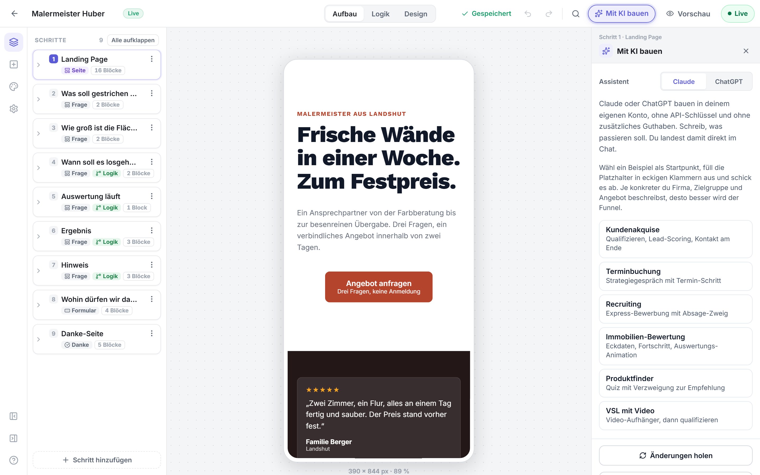 Der Builder mit der geöffneten Claude-Spalte: fertige Beispiel-Aufträge und das Feld, in dem der Auftrag entsteht.