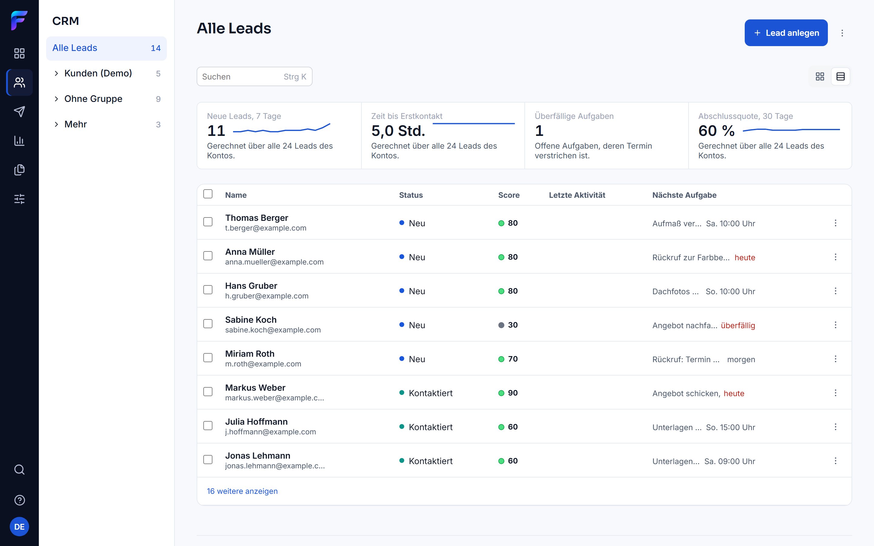 Die Lead-Liste im CRM mit dem Export-Knopf.