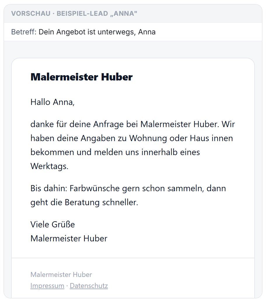 Die Live-Vorschau einer Bestätigungsmail im Design des Funnels, mit Logo, Betreff und den eingesetzten Beispielwerten.