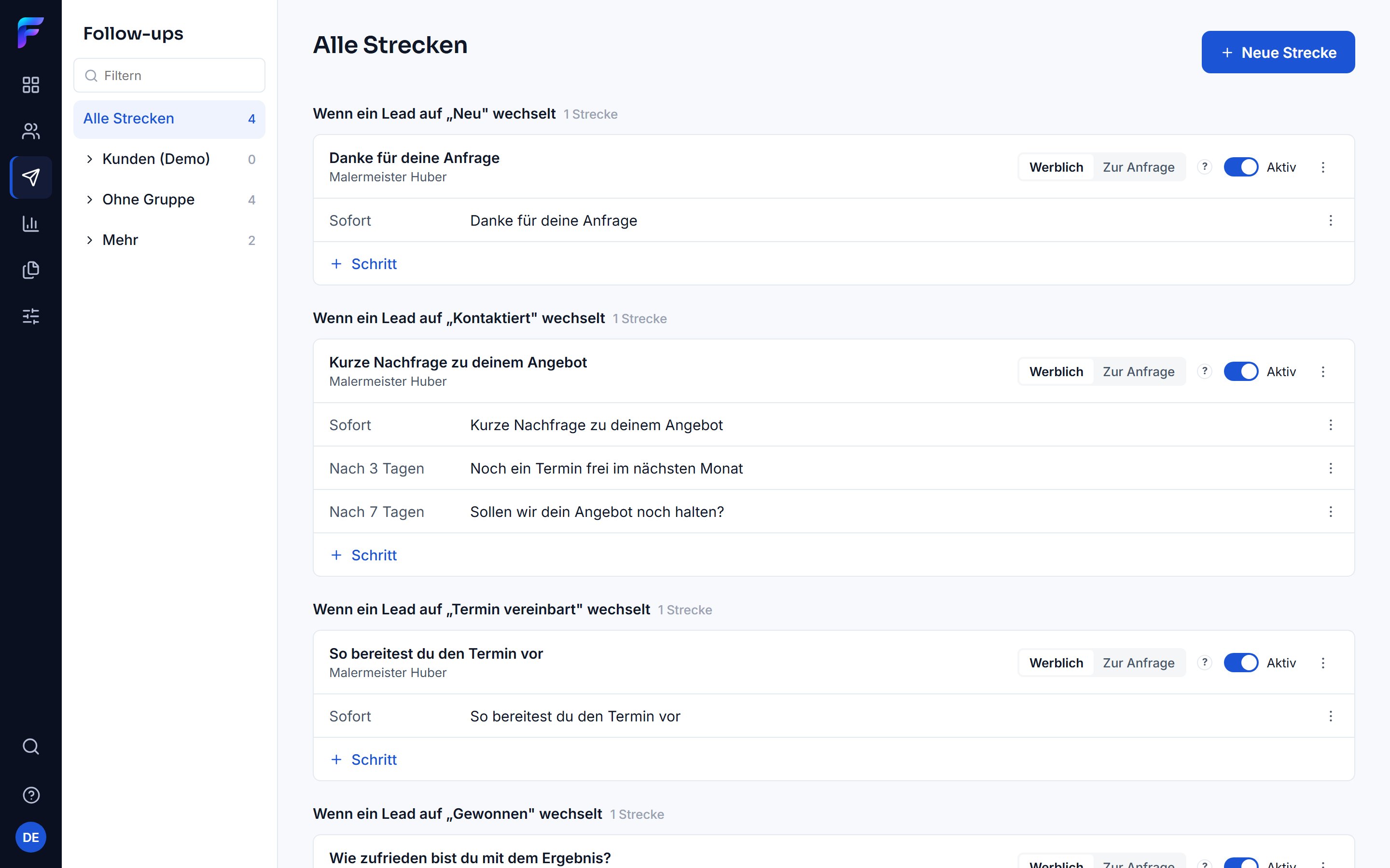 Die Follow-ups nach Auslöser: unter dem Status, der eine Sequenz startet, stehen ihre E-Mails mit Zeitpunkt und Betreff.