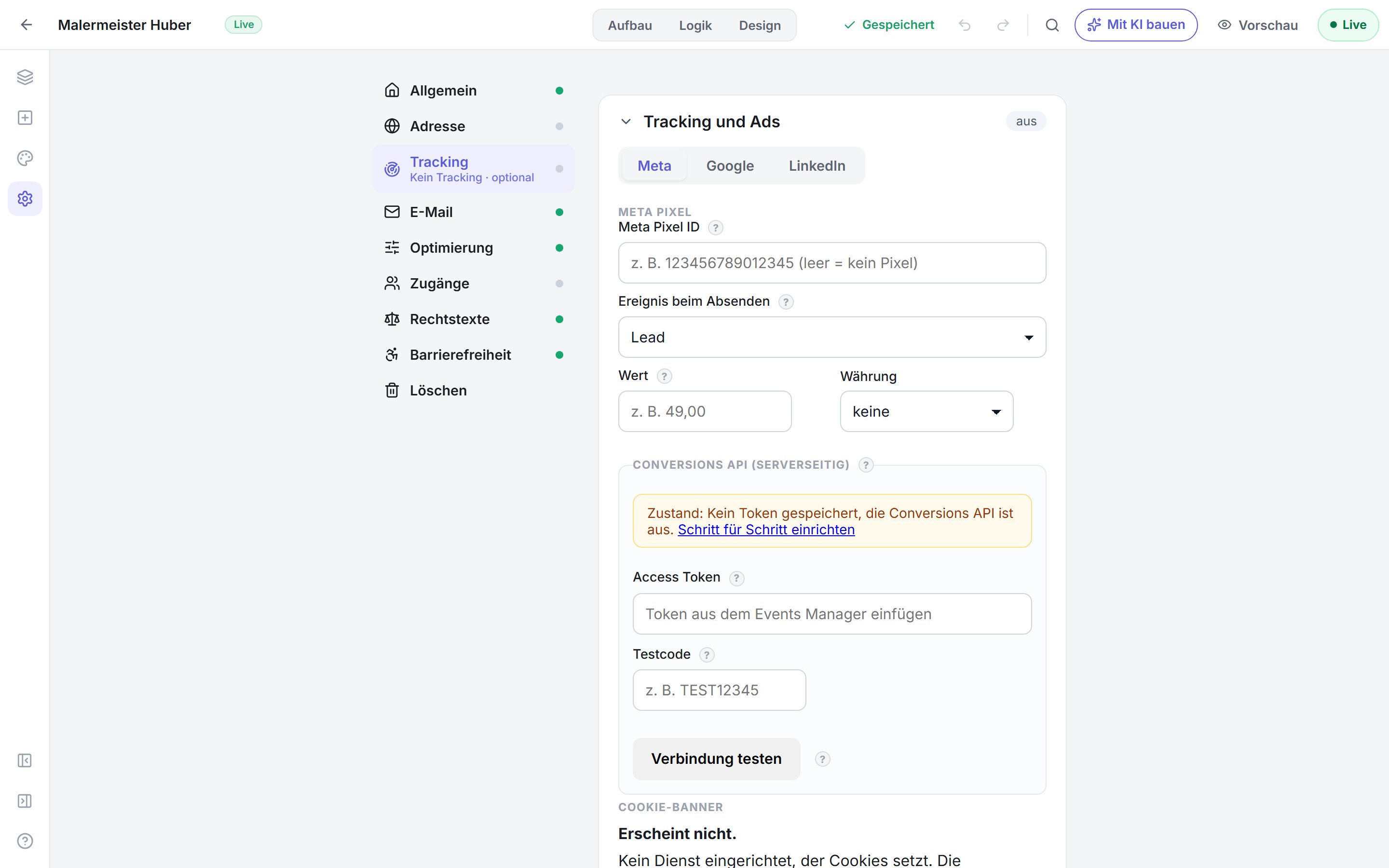 Die Tracking-Einstellungen eines Funnels: Untertabs für Meta, Google und LinkedIn, darunter die Pixel-ID und die Conversions API.