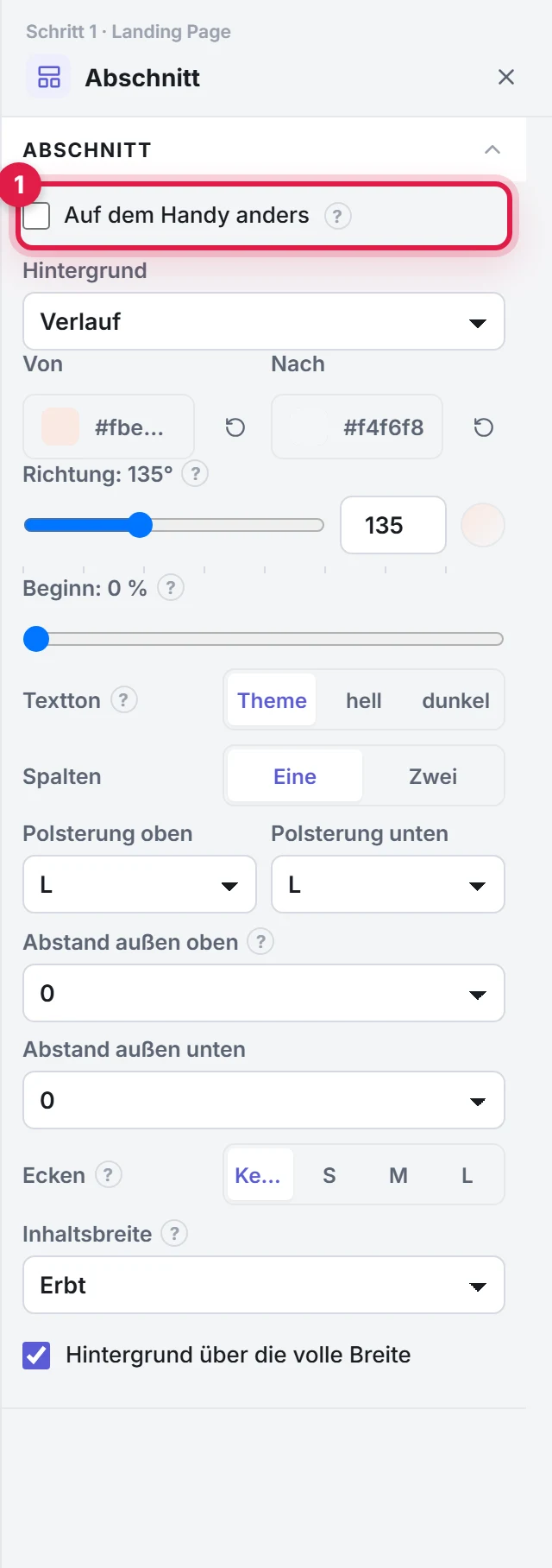 Das Eigenschaften-Panel eines Abschnitts: oben der Schalter Auf dem Handy anders (1), darunter Hintergrund mit Verlauf, die Farben Von und Nach und die Richtung in Grad mit Schieber und Zahlenfeld, danach Polsterung und Abstand außen oben und unten