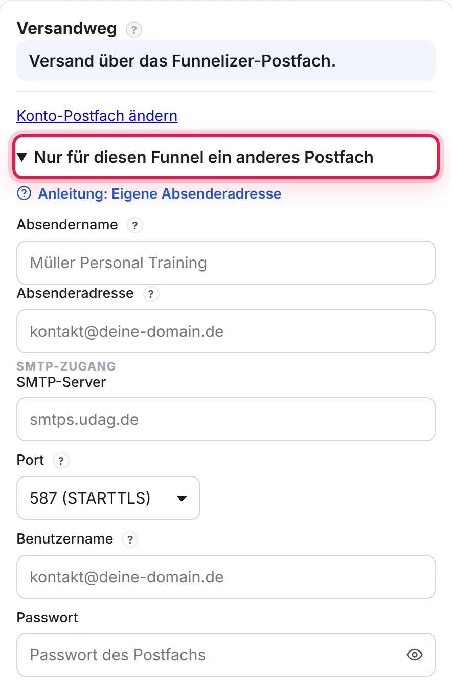 Die Karte Versandweg im Bereich E-Mail: der Weg ins Konto-Postfach, darunter aufgeklappt Nur für diesen Funnel ein anderes Postfach mit Absendername, Absenderadresse und der Gruppe SMTP-Zugang