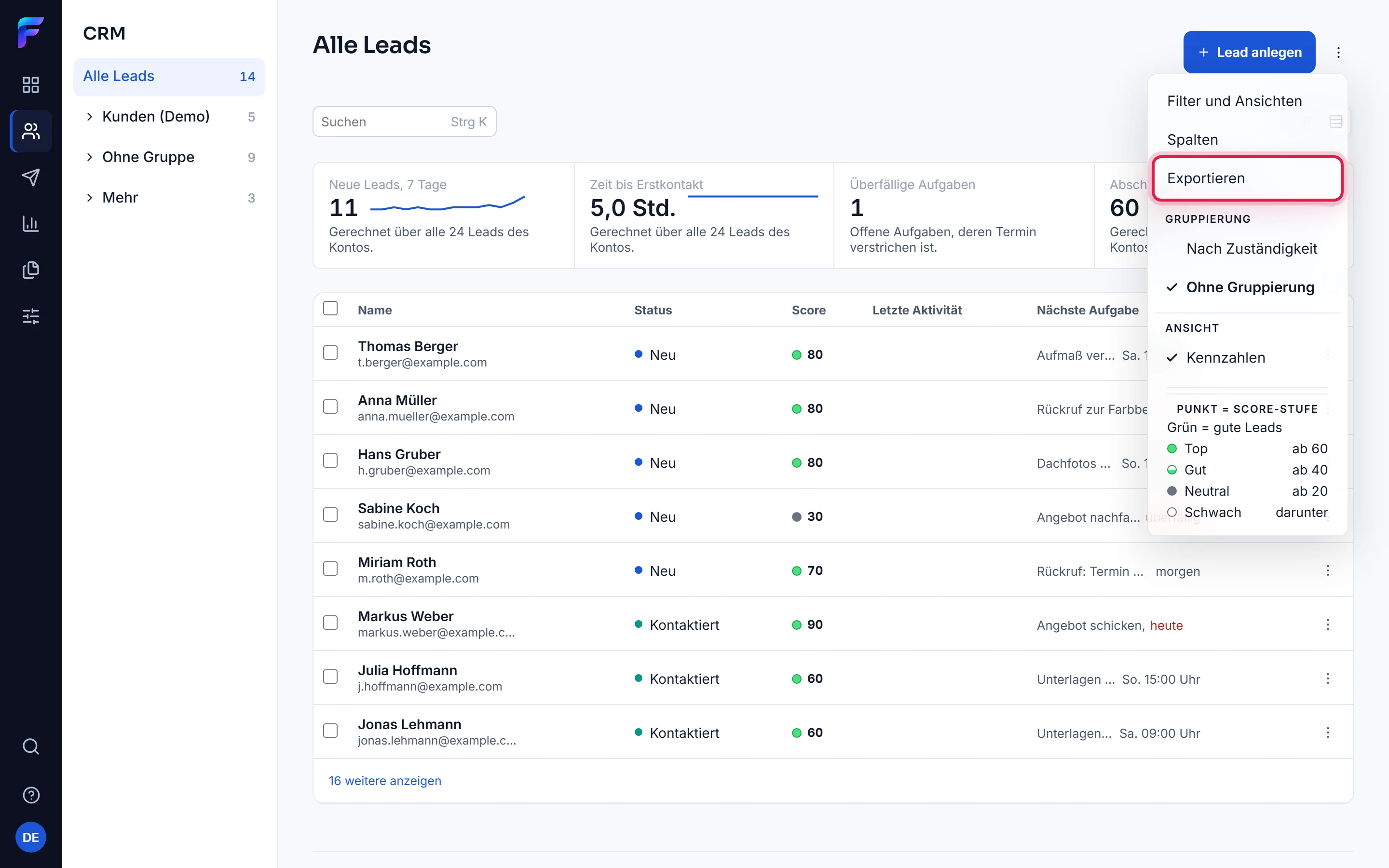 Die Listenansicht des CRM. Im geöffneten Menü oben rechts stehen Filter und Ansichten, Spalten und Exportieren, für den Export als CSV oder Excel.