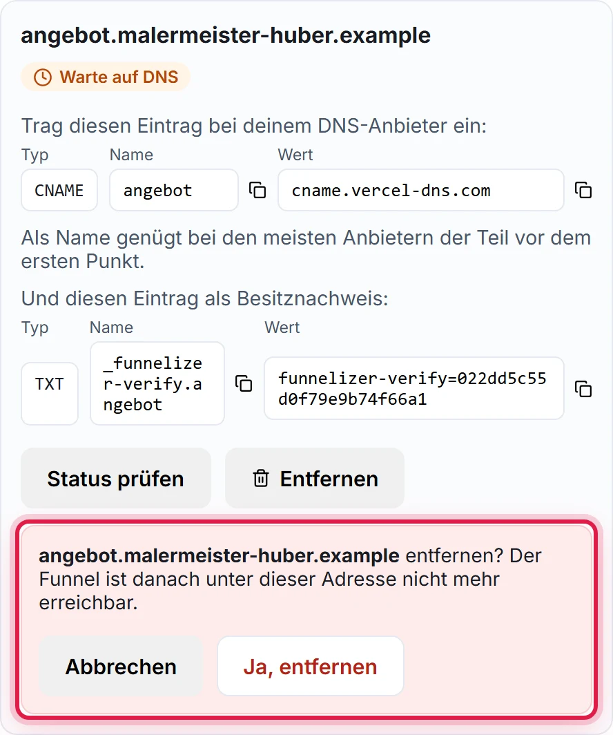 Ein Domain-Eintrag mit der offenen Rückfrage angebot.malermeister-huber.example entfernen? und den Knöpfen Abbrechen und Ja, entfernen