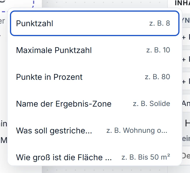 Die Liste der dynamischen Werte direkt am Cursor in einer Überschrift im Builder: Punktzahl, Maximale Punktzahl, Punkte in Prozent und Name der Ergebnis-Zone, jeweils mit einem Beispielwert rechts