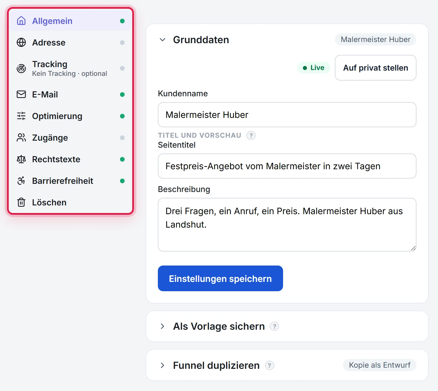 Die Funnel-Einstellungen: links die Bereiche mit Status-Punkt, darunter Rechtstexte, rechts die Karten des gewählten Bereichs