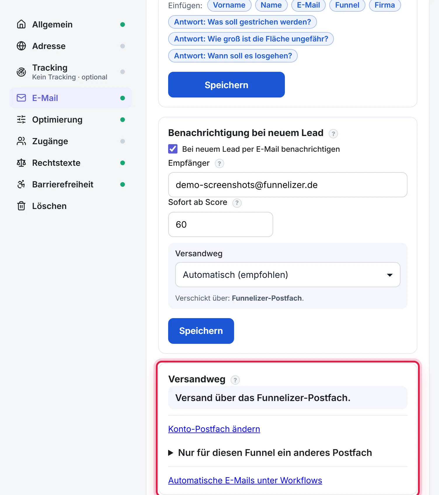Der E-Mail-Bereich mit den drei Karten untereinander; die markierte dritte Karte Versandweg zeigt, über welches Postfach die Mails gerade rausgehen
