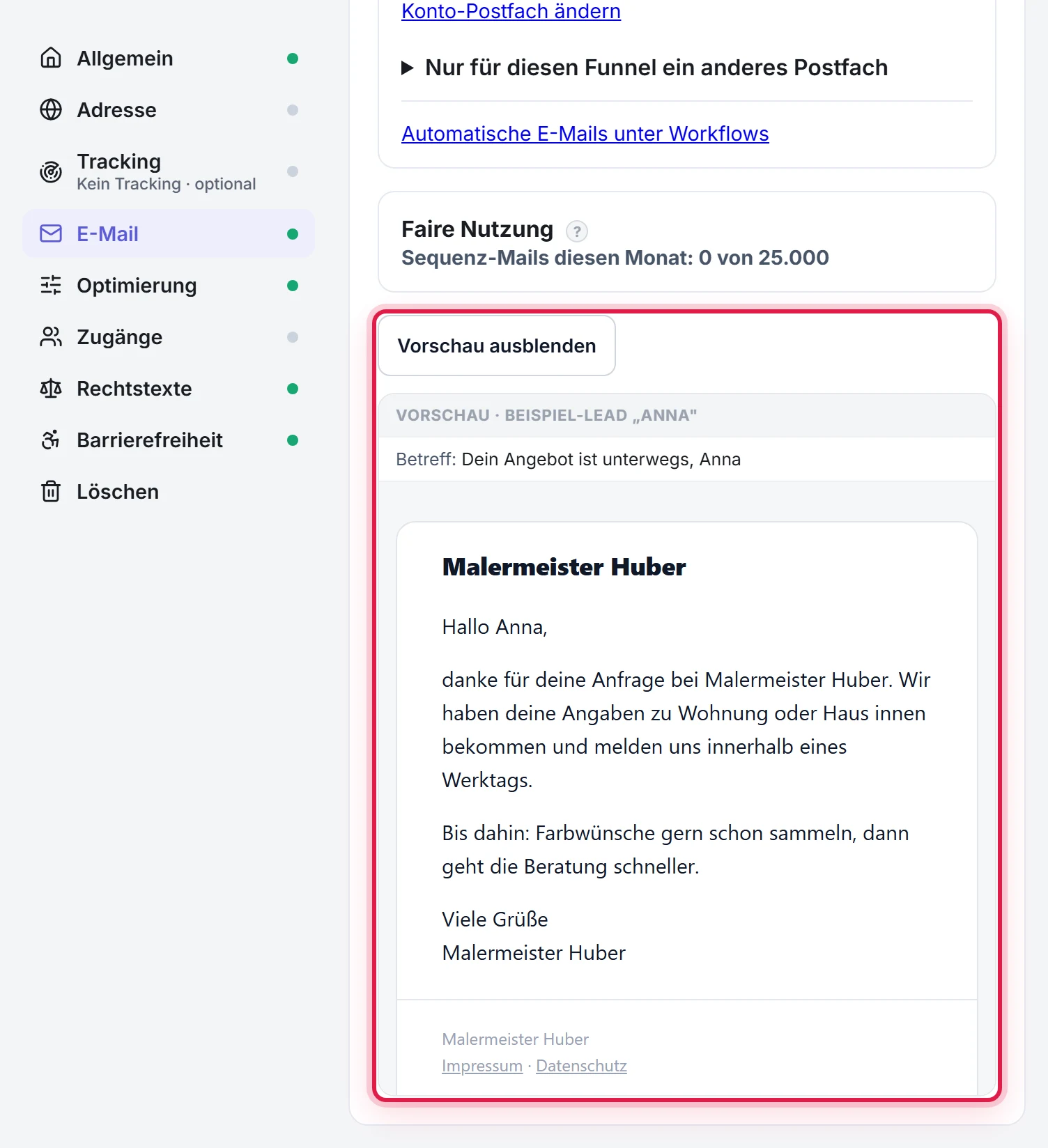 Die markierte Live-Vorschau der Bestätigungsmail unter den E-Mail-Karten, gerendert im Design des Funnels mit Beispielwerten