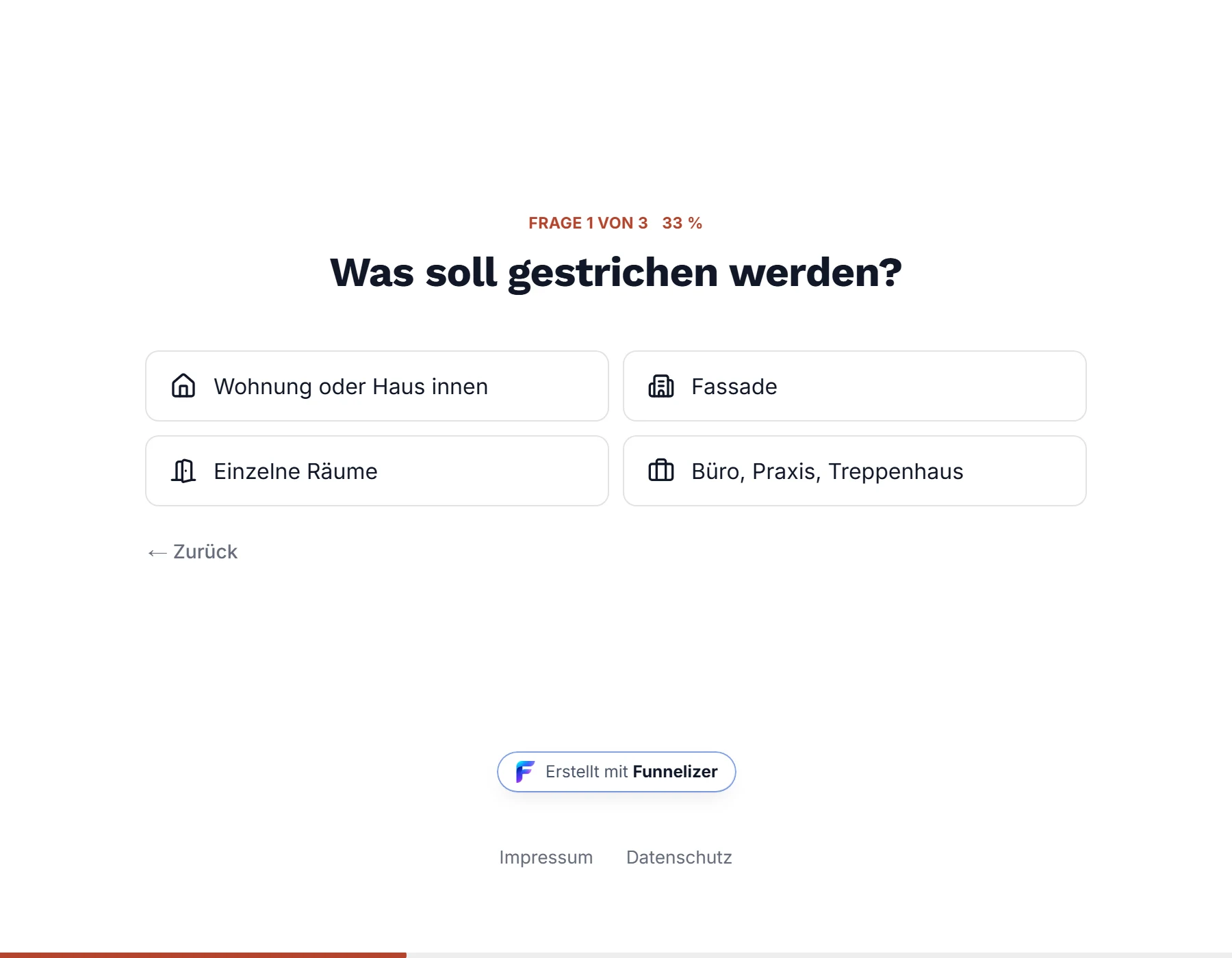 Ein Frage-Schritt im Funnel: oben „Frage 1 von 3“, darunter die Frage mit vier Antwortkacheln und am unteren Rand die Fortschrittslinie