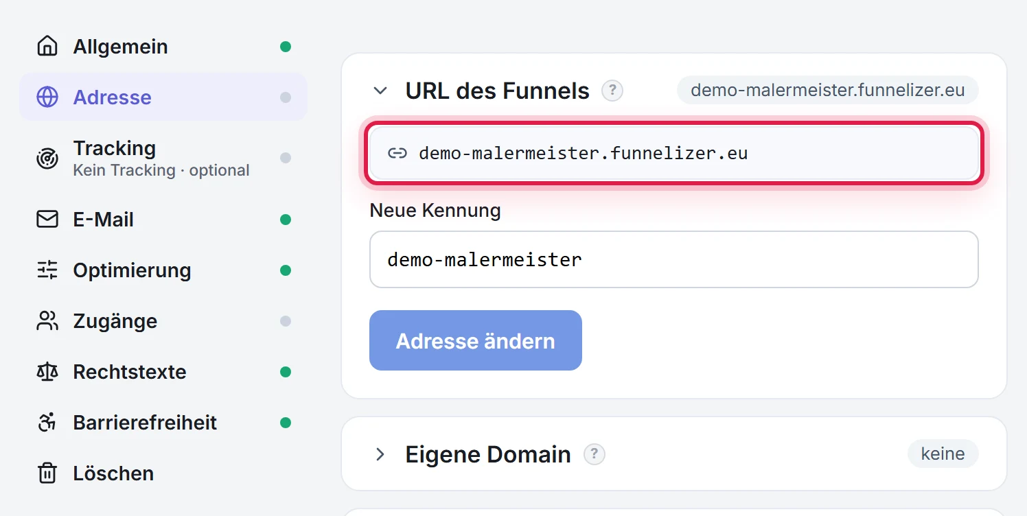 Der Bereich Adresse in den Funnel-Einstellungen: links die Bereichsnavigation, rechts der Abschnitt "URL des Funnels" mit der Adresse des Demo-Funnels und dem Feld "Neue Kennung"