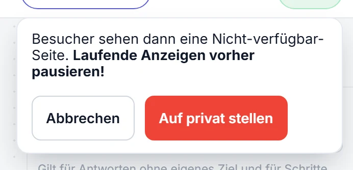 Die Rückfrage vor dem Veröffentlichen: sie nennt die Adresse, die danach öffentlich ist, mit den Knöpfen Abbrechen und Jetzt veröffentlichen