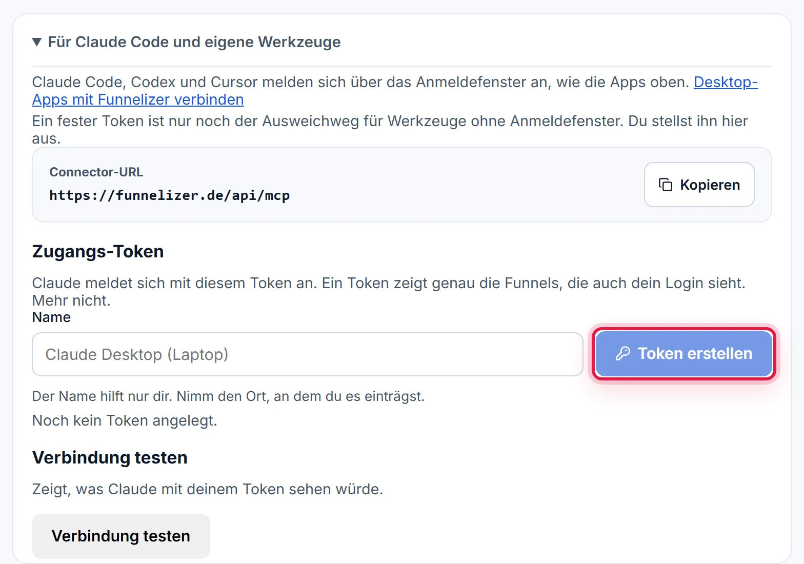 Der aufgeklappte Bereich Für Claude Code und eigene Werkzeuge auf der Seite KI-Assistenten: das Feld Name und der Knopf "Token erstellen"