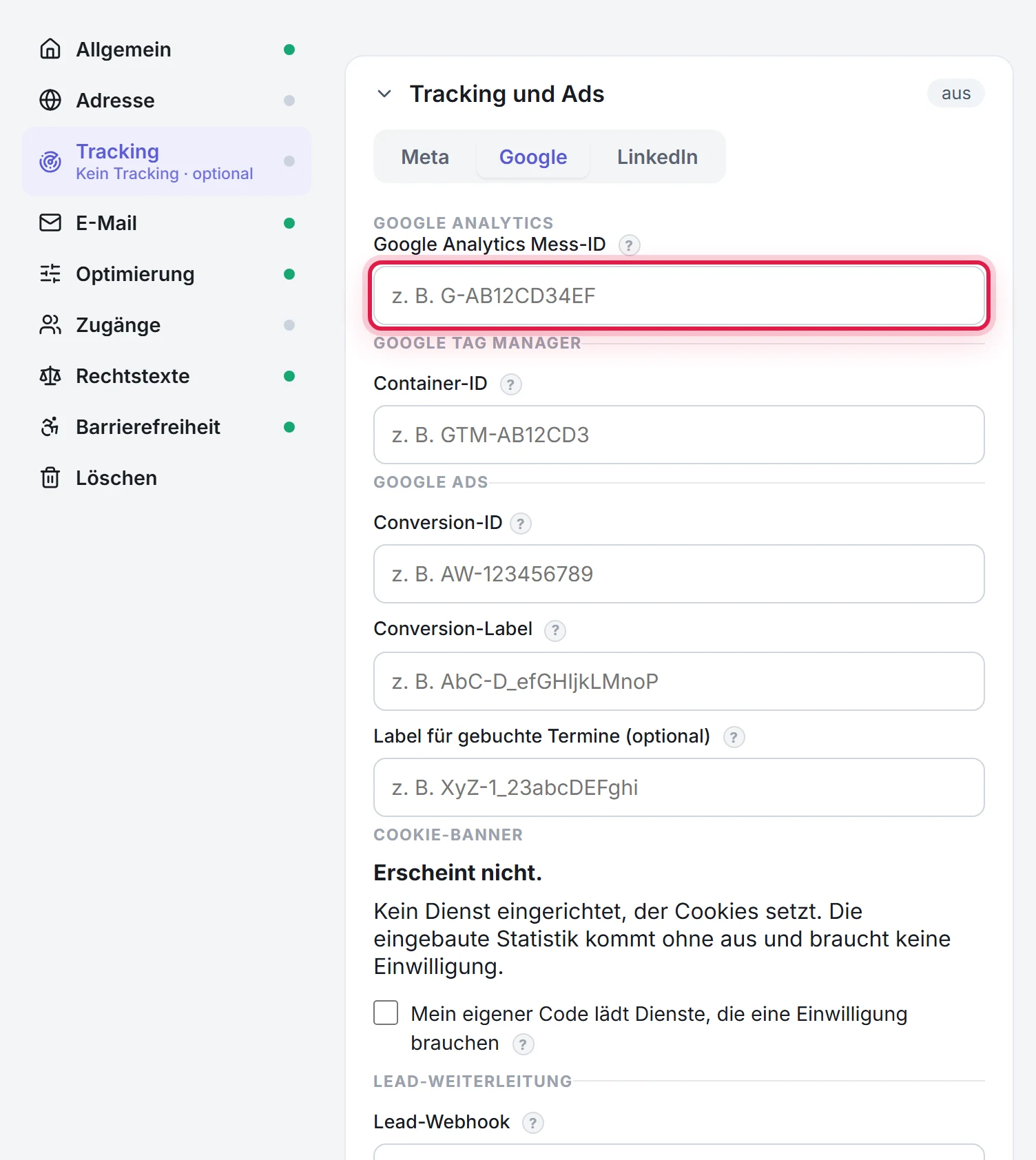 Der Bereich Tracking, Untertab Google, mit dem markierten Feld für die Mess-ID von Google Analytics, darunter der Tag Manager
