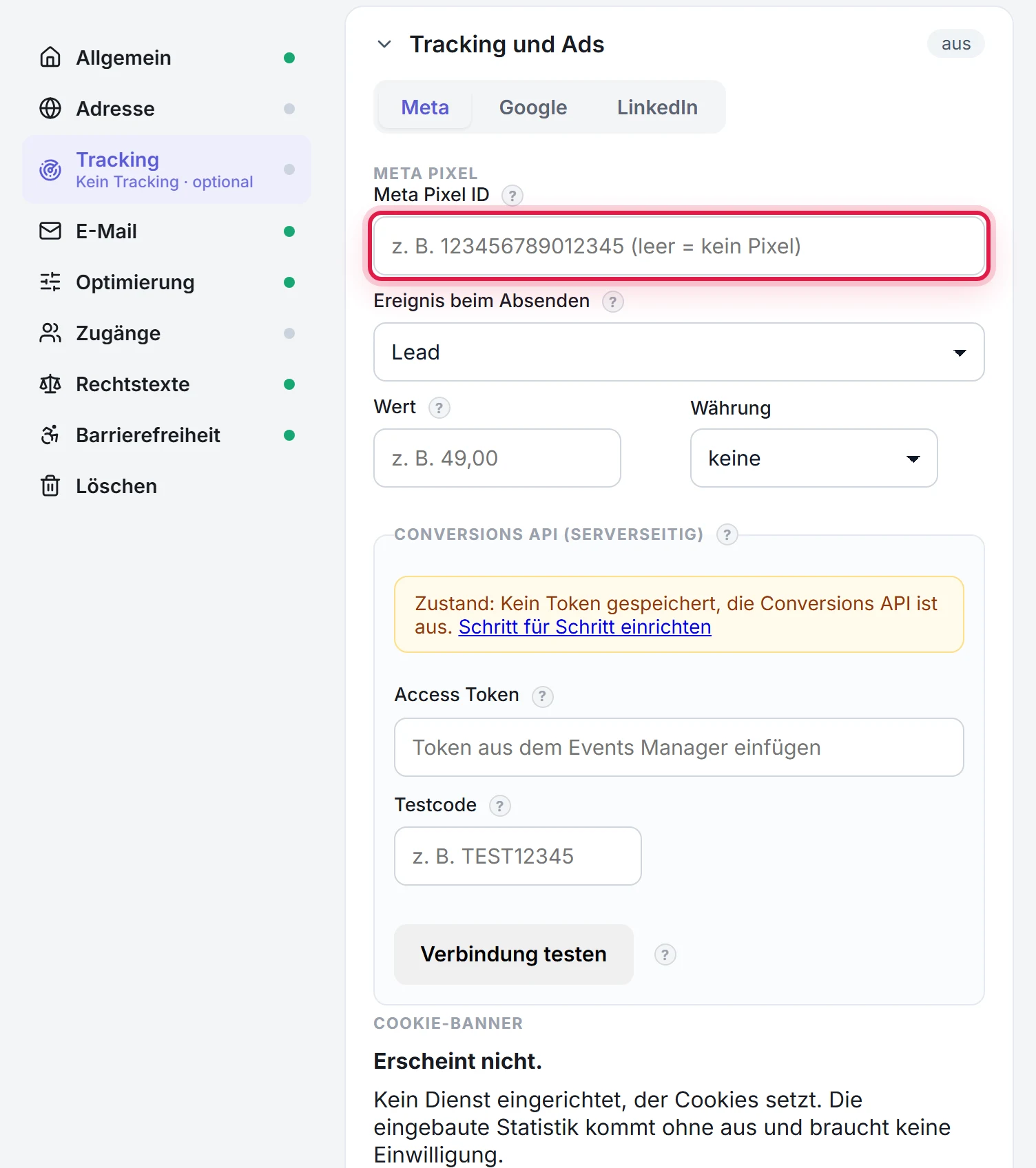 Der Bereich Tracking, Untertab Meta, mit dem markierten Feld für die Pixel-ID, darunter das Ereignis beim Absenden und die Conversions API