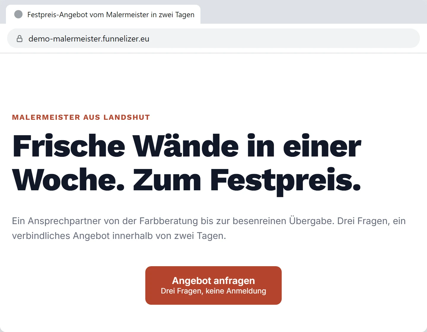 Ein Funnel im Browser unter seiner Adresse deine-kennung.funnelizer.eu, oben die Adresszeile, darunter die erste Seite