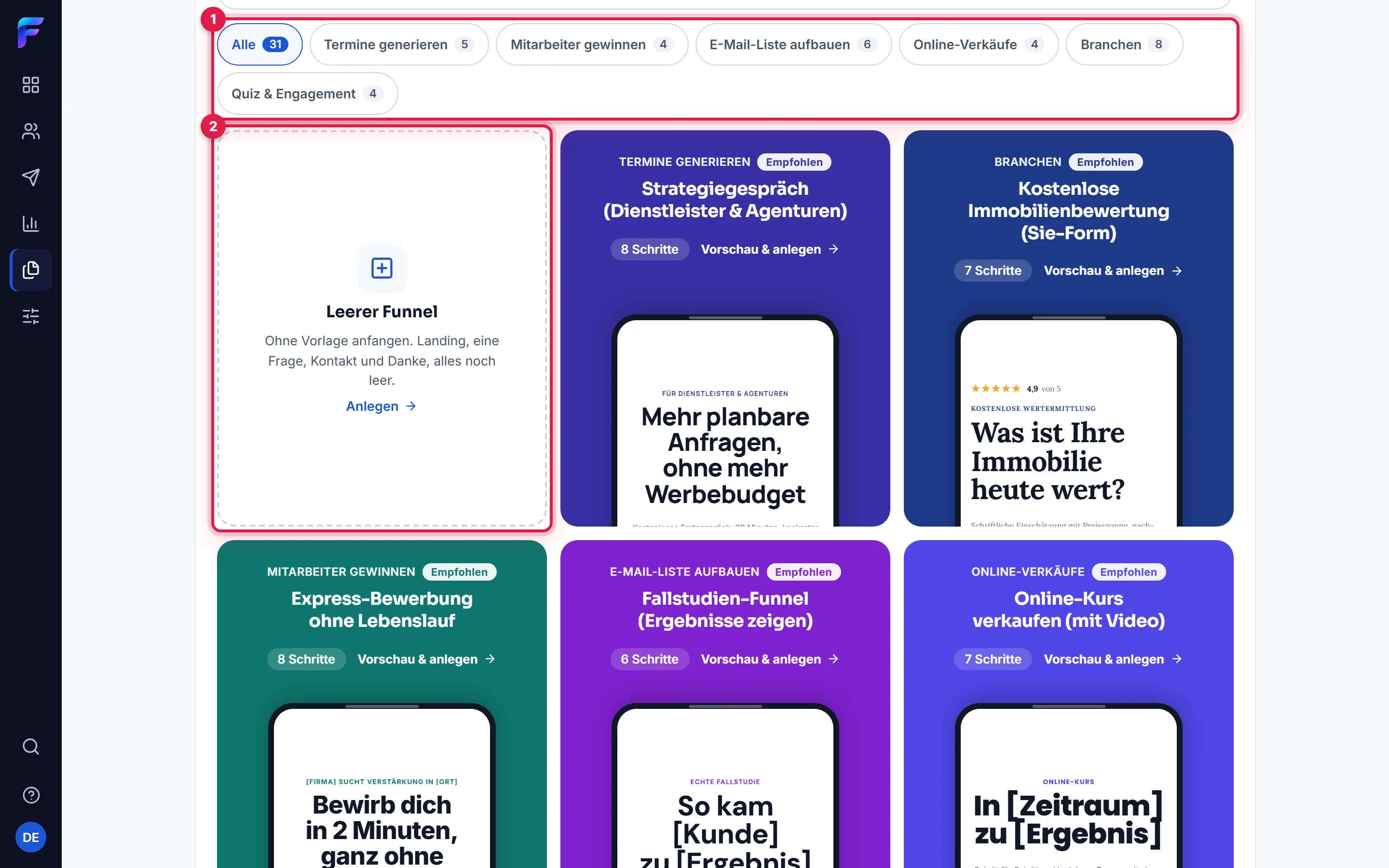 Die Vorlagen-Galerie: oben die Filter-Chips je Kategorie (1), links die Kachel Leerer Funnel (2) und daneben die Vorlagen mit echter Vorschau