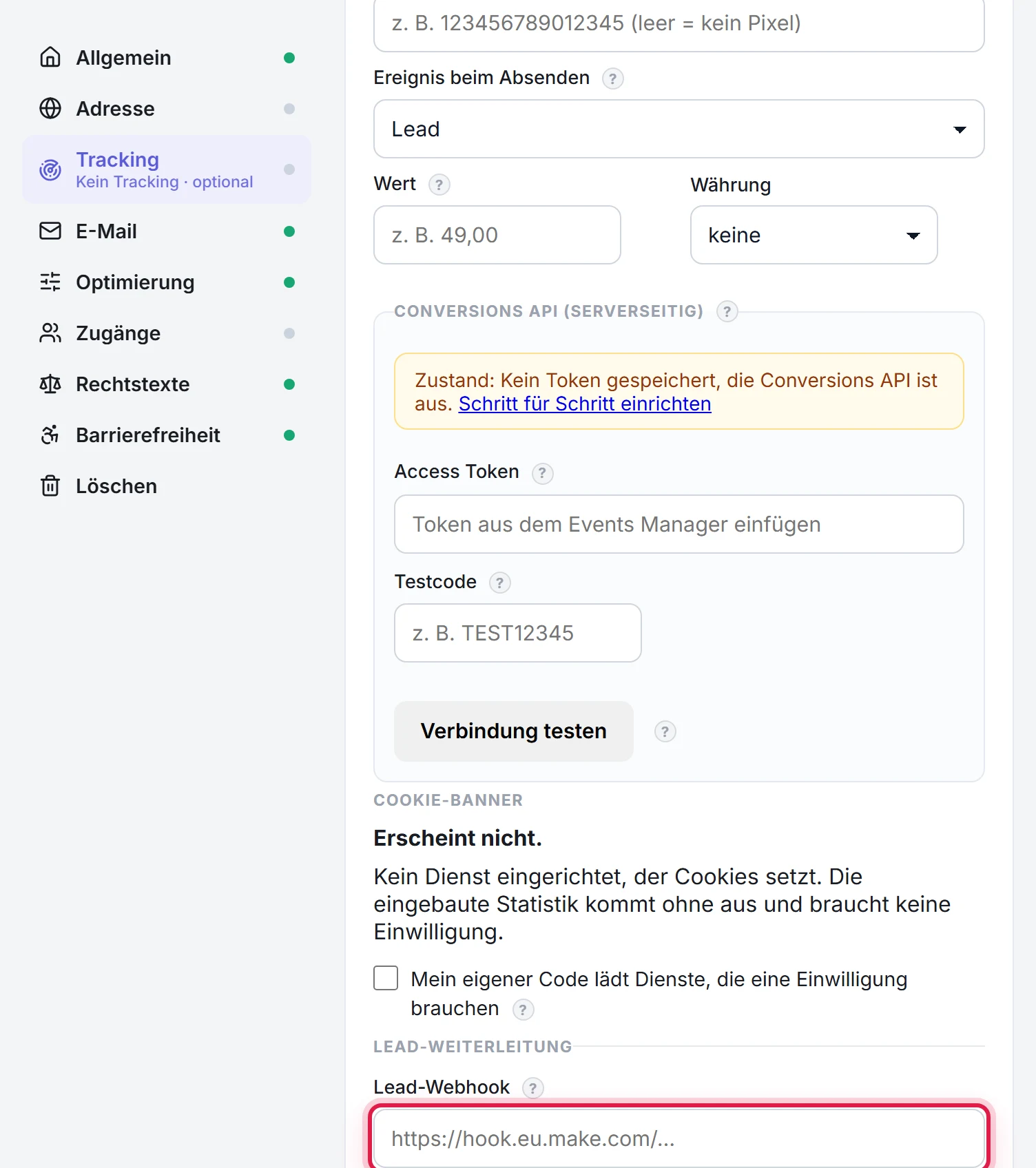 Das markierte Feld Lead-Webhook in den Funnel-Einstellungen, unter den Tracking-Tabs