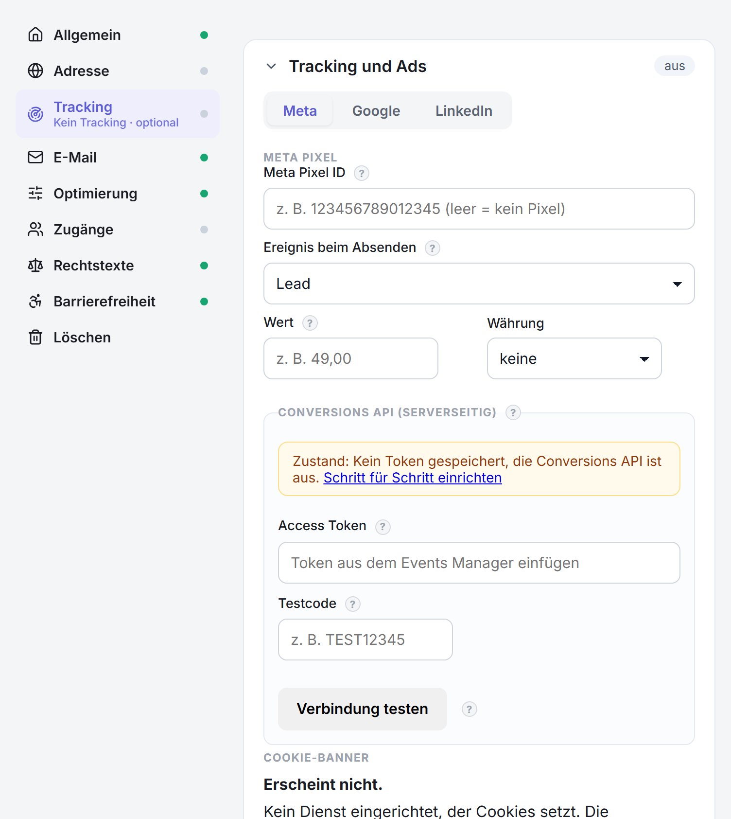 Die Conversions-API-Einstellungen mit Access Token und Verbindungstest.