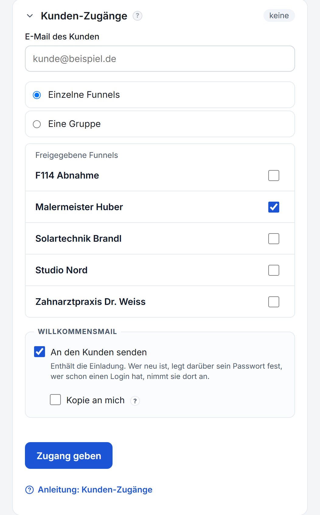 Die Kunden-Zugänge in den Funnel-Einstellungen.